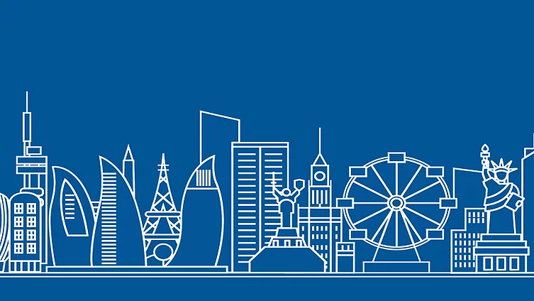 A visual shows landmarks of a range of countries, from the Statue of Liberty in New York to the Giant Ferris Wheel in Vienna.